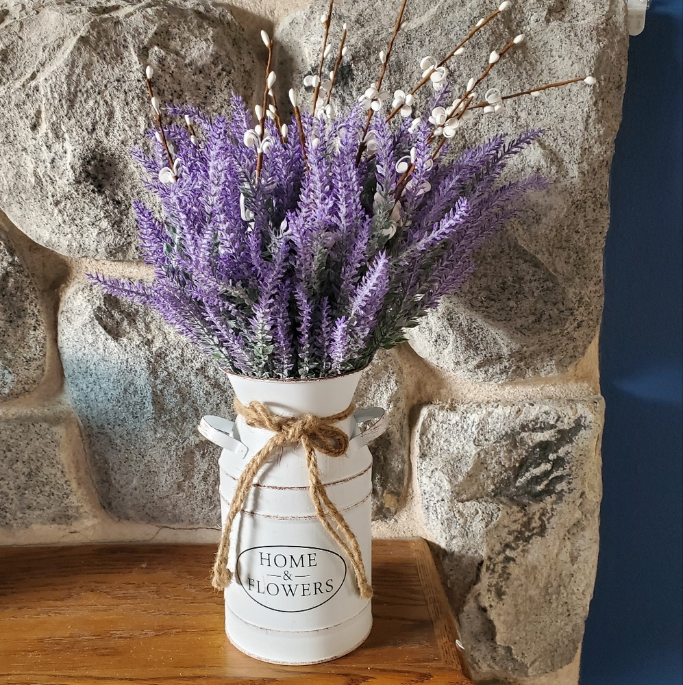 Lavender Artificial Flowers in Milk Jug Metal Vase